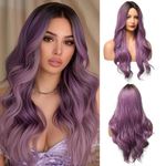 OUFEI 24 Inches Long Wavy Purple Wig for Women Natural Synthetic Hair Heat Resistant Ombre Wigs with Dark Roots for Daily Party Cosplay Wear