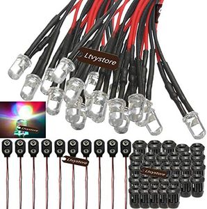 Ltvystore 70Pcs 3MM 12V 7Colors Fast Fash LED Pre Wired Prewired 7.87" Lamp Light Bulb Prewired Emitting Diode & Black 3mm LED Clip Holder Panel Mount & 9V Battery Holder Clip Snap On Connector Cable