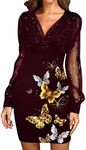 ZPLxi Women's Summer Floral Dress V-Neck Lace Long Sleeve Butterfly Print Sexy Elegant Cocktail Skirt for Party Wedding New Year