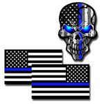 3PCS Reflective American Flag Thin Blue Line Sticker, Thin Blue Line Skull Decal, Police Stickers Blue Lives Matter Sticker, Back The Blue Car Decal Law Enforcement Flag Car Bumper Window