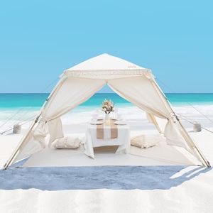 OutdoorMaster Pop-Up-Strandzelt mit Fransen für 4 Personen, einfacher Aufbau und tragbarer Strandschutz, Sonnenschutz, Baldachin mit UPF 50+ UV-Schutz, 11 mm dicke Stange