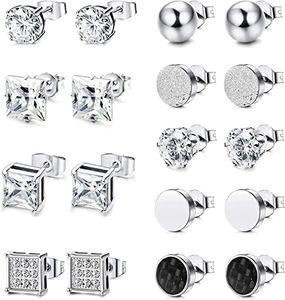 JeweBella 2/9/12 Paires Boucle d'oreilles Homme Acier Inoxydable Zircone Cubique Ronde Clou d'oreille Ensembles Punk Unisexe Boucles d'oreilles Argent Noir pour Homme Femme