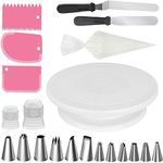 KOKSI Cake Decorating Set 28cm Rotating Plate 3 Icing Smoother Cake Scrapers 50 Pastry Piping Bags 12 Cake Piping Nozzles Tips 2 Coupler 2 Spatulas (Pack of 80)