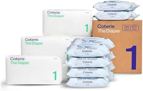 Coterie Baby Wipes + Diapers Kit, Size 1 Diapers (198 Count) & 12 Pack (672 Count) Baby Wipes with 99% Water, Plant Based Materials, Hypoallergenic for Sensitive Skin