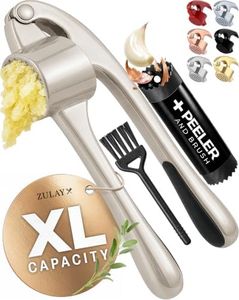 Zulay Kitchen Large Premium Garlic Press Set - Bigger Bowl for Bigger Garlic - Rust Proof & Dishwasher Safe Garlic Mincer Tool - Easy-Squeeze, Easy-Clean Silicone Garlic Peeler & Brush (Silver)