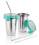 MARU Stainless Steel Tumbler with Silicon Aperture Steel Lid Leak Proof Set of 2 pcs with 2 Straws 1 Brush | Glass Tumbler Steel lid | Steel Glass with Lid Capacity 400ML (Sea Green)