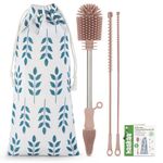 haakaa Silicone Cleaning Brush Kit - Multi Soft Bristles Flexible Scrub for Breast Pumps,Nipples,Baby Bottles,Breastmilk Storage Bags,Reusable Straws Tubes,Sippy Cups - Blush