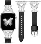 JR.DM Leather Watch Bands for Women Compatible with Apple Watch 38mm 40mm 41mm 42mm (S10) with Silver Bling Butterfly Connector Top Grain Genuine Slim Leather Strap for iWatch Series