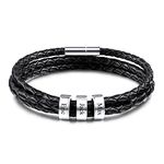 INBLUE Mens Leather Braided Bracelets with 2-6 Custom Name Beads Engraved Customized Gifts for Men Women Rope Bracelet Boyfriend Gifts Mens Jewelry