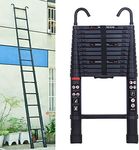 3.8m/12.5ft Aluminium Telescopic Ladder with Hooks, Telescoping Attic Roof Ladder, 13 Adjustable Steps, Extendable and Collapsible - Great for Cleaning Gutters, Decorating, Painting Walls