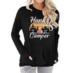 Fuyxxmer Womens Happy Camper Sweatshirt Vintage Mountain Graphic Tee Long Sleeve Pullover Blouses Top Shirts with Pockets Black