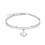 HOOHWE Anklets for Women Anchor Bracelet 925 Sterling Silver Ankle bracelet with Double Layered with Beads Adjustable