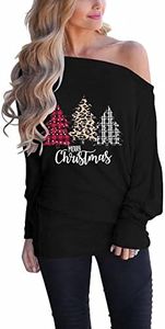 Merry Christmas Tree Shirts for Women Off Shoulder Plaid Sweaters Long Sleeve Tunic Blouses Christmas Tree XXL