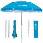 AMMSUN 6.5ft twice folded Portable beach umbrella with sand anchor windproof,Push Button Tilt and Air vent UV 50+ Protection Fits in a large Suitcase for Patio Garden Beach Pool Backyard Sky Blue