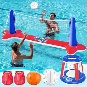 Sloosh Inflatable Pool Float Set Volleyball Net & Basketball Hoops, Balls Included for Kids and Adults Swimming Game Toy, Summer Floaties, Volleyball Court |Basketball ,Red
