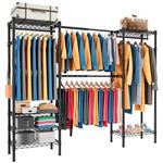 KZOBYD Expandable Wardrobe and Closet Organizer, Freestanding Clothes Rail with 6 Storage Shelves Heavy Duty Garment Rack with Double Hanging Rods Wardrobe Clothing Rack with Side Hooks(Black)