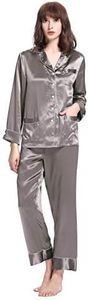LilySilk Women's Long Silk Pajamas Set V Neck Notched Collar with White Trimmed Dark Gray Size L