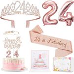 24th Birthday Decorations for Her Girls Women, Including 24 year old Birthday Cake Topper, Birthday Queen Sash with Pearl Pin, Sweet Rhinestone Tiara Crown, Number Candles and Balloons Set, Rose Gold