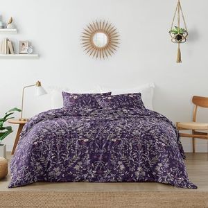Sweet Jojo Designs Boho Wildflower Vintage Floral Girl Queen Duvet Cover Bedding Set Full Size Bed Comforter Case Shams 3pc Purple Lavender Teal Botanical Garden Flower Bohemian Farmhouse Cottagecore