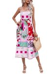 Acrawnni Women Floral Spaghetti Strap Maxi Dress Sleeveless Graffiti Print Boho Flowy Long Dress Beach A-line Sun Cami Dress (C-Rose Red, L)