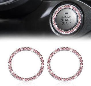 2 Pcs Crystal Rhinestone Car Engine Start Stop Decoration Ring, Push to Start Button Cover, Bling Car Accessories for Women, Key Lgnition Starter Knob Ring (Pink)