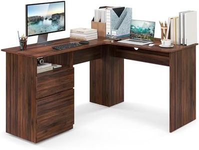 Tangkula L-Shaped Desk with 2 Storage Drawers, 59” Corner Computer Desk with File Drawer & Open Shelf, Computer Workstation with 2 Cable Management Holes, Space-Saving Executive Office Desk (Walnut)