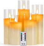 Da by Flameless Candles with Glass Effect H 13/14/16/18/20 cm Set of 5 Drip-Less Real Wax Pillars Include Realistic Dancing LED Flames and 10-Key Remote Control with 24-Hour Timer Function