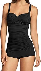 Sovoyontee Women's One Piece Tummy Control Swimwear Boyleg Ruched Swimsuit, 02 Black Shoulder Style, Medium