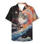 DUOLIFU Men's Van Gogh Great Wave 3D Print Short Sleeve Button Down Casual Hawaiian Shirt, Rainbow Cloud Cat, X-Large