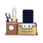 Giftana Personalized Pen Stand with Name,Table Watch,Table Calendar,Customized Desk Organizer With Wooden, Pen Stand for Doctors,Office Desk & Study, Diwali Corporate Gift for Employee (Tan, Gold)