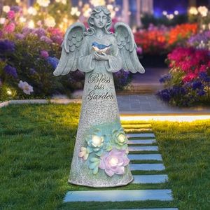 Angel Garden Statue Outdoor Decor, Angel Garden Holding Bird with Solar Lights, Gardening Gifts for Mom Grandma, Art Decoration Lawn Ornament Sculpture for Outside (Bless This Garden)