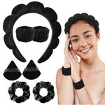 MAYCREATE® Facial Headband for Women Skincare Headband and Wrist Band 7Pcs Set for Face Wash, Puffy Spa Headband Hair Band for Makeup with Scrunchies & Powder Puffs - Black