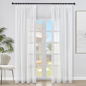 Topfinel Rideau Voilage Fenetre de Salon Moderne Galon Fronceur sur Rail 2 Panneaux Rideaux Voilages Intérieurs Passe Tringle Rideau Voile Blanc Transparent Décoratif Chambre Enfant, 140 x 215 CM