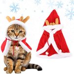 Qpets® Christmas Hat & Scarf, Chrismat Cat Clothes for Cat Warm Cloak, Dress Up Costume Chrismat Red Elk Cloak Adjustable Drawstring Hat for Photogaphy Prop Christmas Party - Neck 37CM