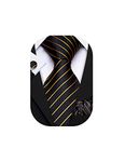 Barry.Wang Men Ties Pocket Square Cufflinks Silk Necktie Set Plaid Stripe Business (Black Gold)