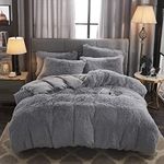 WERDIM Shaggy Fluffy Faux Fur Duvet Cover Set Button Closure Velvety Bedding Set Comforter Cover with Pillowcases Light Gray, Queen Size