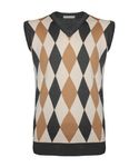 New Men Knitted V-Neck Argyle Pattern Sleeveless Jumper Top Sweater Vest with Ribbed Edge[Charcoal-Camel,M]