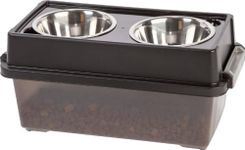 IRIS USA Elevated Dog Bowls, 9"H Raised Dog Bowl for Small Medium Dog, Airtight Pet Food Storage Holds Up To 13 Lbs, 2 Removable 32 oz Stainless Steel Bowls, At Home or Camping, Smoke/Black