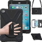 BRAECN for iPad Mini4 Shockpoof Case Three Layer Drop Protection Rugged Protective Heavy Duty iPad Case With a 360 Degree Swivel Stand/a Hand Strap and a Shoulder Strap for iPad Mini 4 Case (black)