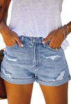 Metietila Women's Casual High Waisted Rolled Jean Shorts Ripped Folded Hem Stretch Denim Shorts Azure Blue M