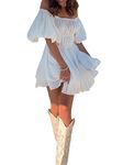 Women's Off Shoulder Puff Sleeve Mini Dress Short Sleeve Playsuit for Party Club A Line Flowy Swing Square Neck Ruffled Beach Dress (B-White, S)