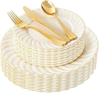 YOUBET 125PCS Scalloped Plastic Plates - Ivory Scalloped Disposable Plates - Gold Plastic Dinnerware Set Include 50 Plates, 75 Gold Silverware for Party & Wedding & Thanksgiving