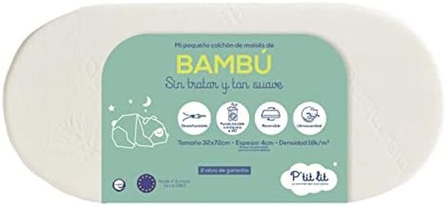 P'tit Lit - Colchón de cuna de bambú - 72x32 cm - Viscosa Bebé Suave y Sedosa - Capazo y cuna Ideal Pram - Reversible - Desenfundable - Hecho en Europa