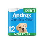 Andrex Complete Clean Toilet Tissue; 12 Mega Toilet Rolls = 18 Standard Loo Rolls with Unique 3D Wave Texture for a Proven, Effective Clean (Previously Andrex Classic Clean)