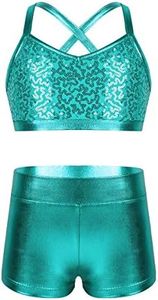 iEFiEL Kids Girls Shiny Sequins Crop Top with Shorts Metallic Gymnastic Leotard Sports Dance 2 Pieces Outfits Lake_Blue 10-12 Years