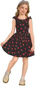 Girl's Summer Retro Strawberry Bubble Dress Shirred Back A-line Casual 1950s Vintage Style Graduation Dresses for Girls Tea Party Holiday Birthday Photo Shoot Wedding Back to School Black 8-9 Years