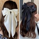 ChicTresses® Black And Off White - Hair Bows For Women, Bow Clips For Women - Barette Hair Clip - Luxury Silky Satin Hair Bow Clips for Women and Girls, Cute Hair Accessories For Girls