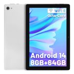 Eksvefot Android 14 Tablet, 10 Inch Tablet Octa-Core 8GB+64GB(TF 1TB), Android Tablet 1280x800 HD IPS Tablet Wi-Fi 6 Model/Widevine L1/5000mAh/Dual Camera/Face ID Tablet PC 2024 - White