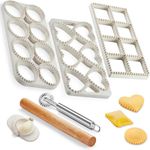 MUMSUNG Ravioli Maker 8 Pieces Ravioli Mold Set, Square Round Heart Shaped Ravioli Maker Press, Wooden Rolling Pin, Ravioli Cutter, Circle Round Cutter and 2.6" Dumpling Maker