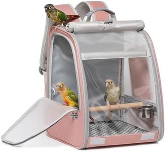 Bird Carrier Backpack, Portable Travel Bird Cage with Standing Perch, 2 Feeder Cups, Iron Mesh Stand & Removable Tray Lightweight, Breathable Mesh Window for Parrot Carrier，Easy Clean (Pink)
